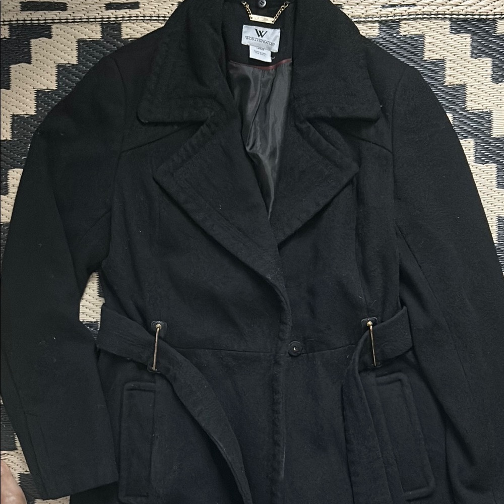 Worthington Black Trench Coat Sz L with Pockets